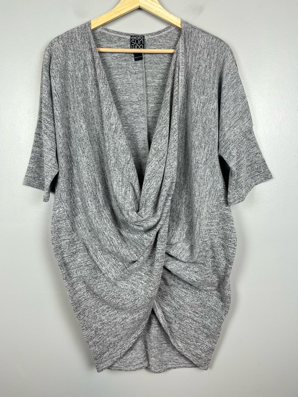 Clara Sun Woo gray twist front plunging neckline blouse top, small.